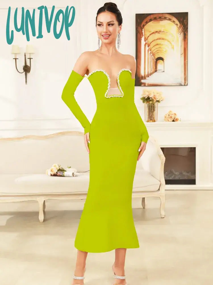 Lunivop New Women Celebrity Sexy Off Shoulder Green Diamonds Maxi Long Bandage Dress 2024 Knitted Elegant Evening Club Party Dress Tunics Floral girly