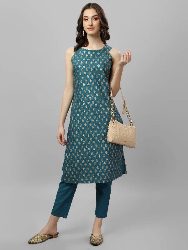 Women's Floral Printed Boat Neck Sleeveless Coton Blend Kurti And Pant Set (Teal) - Modestouze Attires Elegant High-Waist Pants