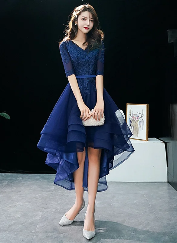 Navy Blue High Low Tulle with Lace Party Dress, Blue Homecoming Dress Prom Dress Tunics Vintage classic