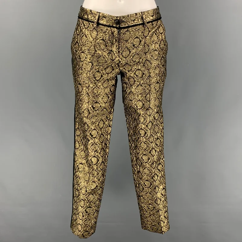 FAITH CONNEXION Size 2 Gold Black Polyester Blend Jacquard Tapered Dress Pants Trendy High-Waist Trousers
