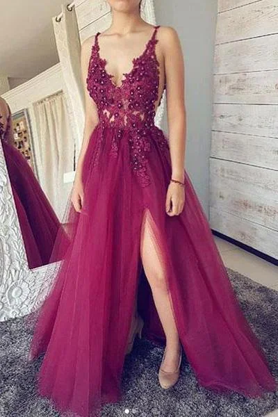 A line Burgundy V Neck Straps Tulle Prom Dresses Beads Lace Appliques Party Dresses WK700 Tunics Practical durable