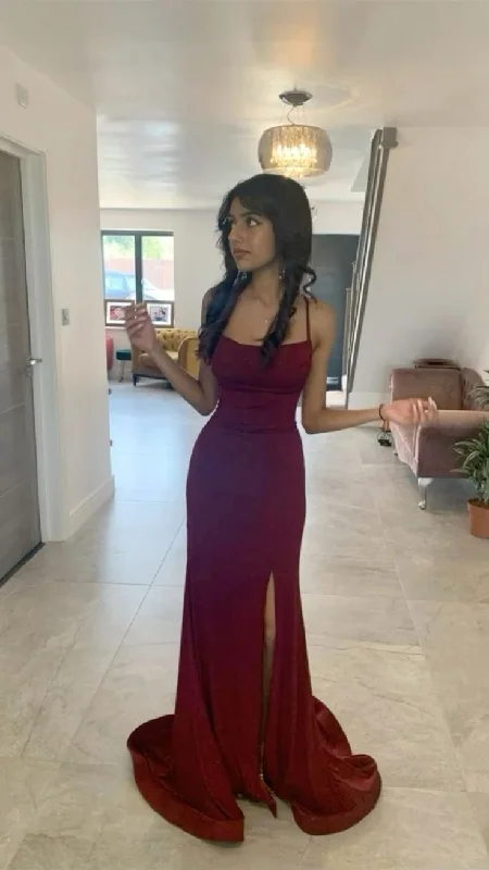 Wine Red Straps Mermaid Long Formal Party Dress with Split, DP3796 empire Waist empire