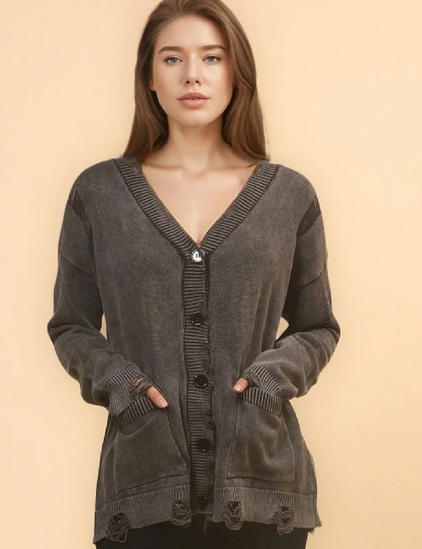 Ladies V-neck Washed Distressed Buttons Pocket Cardigan SKT4714 Sequined Glittery Shiny
