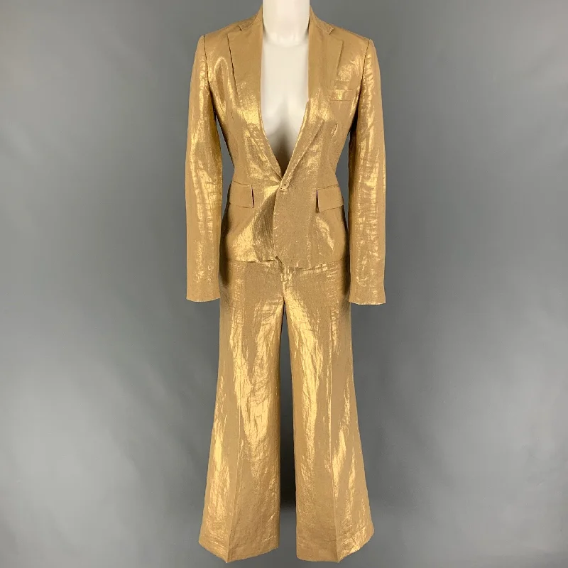 RALPH LAUREN Size 2 Gold Linen Metallic Notch Lapel Pants Suit Comfy High-Waist Jeans