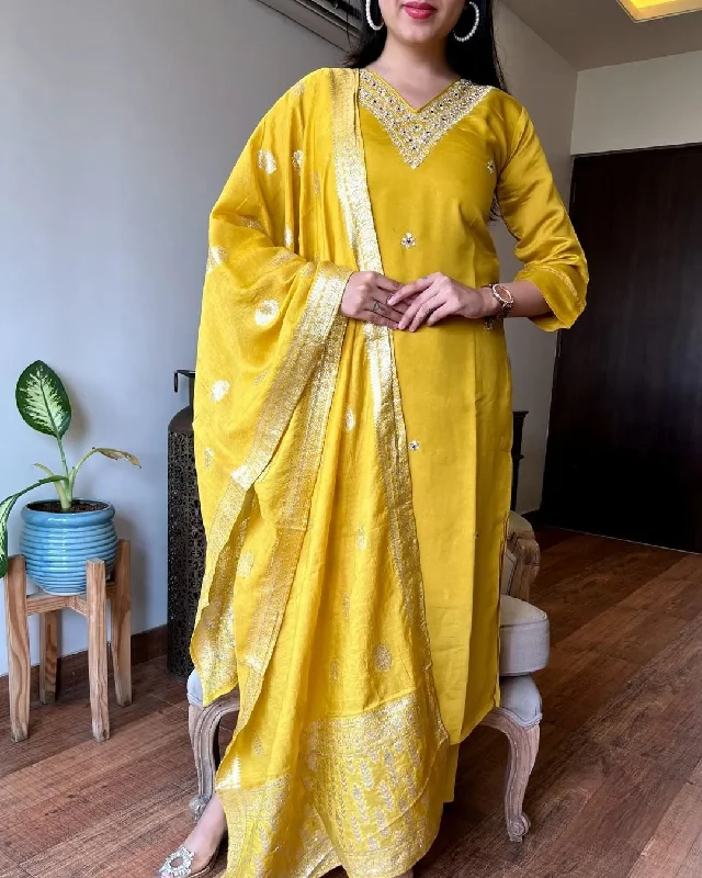 Women's Yellow Embroidery Kurta With Pant And Duppata Set - Dwija Fashion Soft Wool Pants
