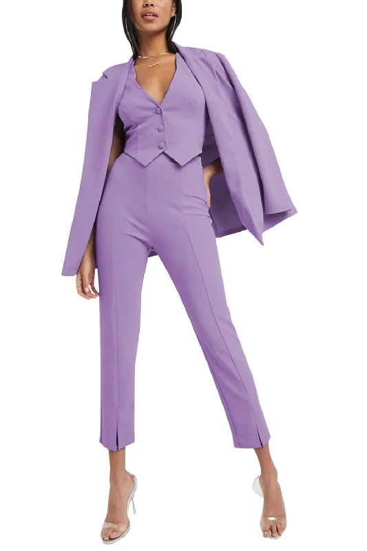 3 Piece Buttonless Peak Lapel Belted Waist Women's Suit (Blazer+Vest+Pants) Cozy Jogger Leggings