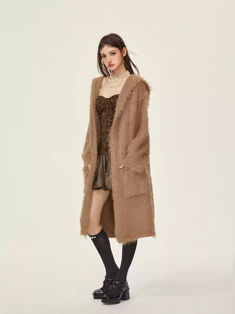 Loose Style Hooded Knitted Sweater Long Cardigan GIF0067 Solid Print Embellished