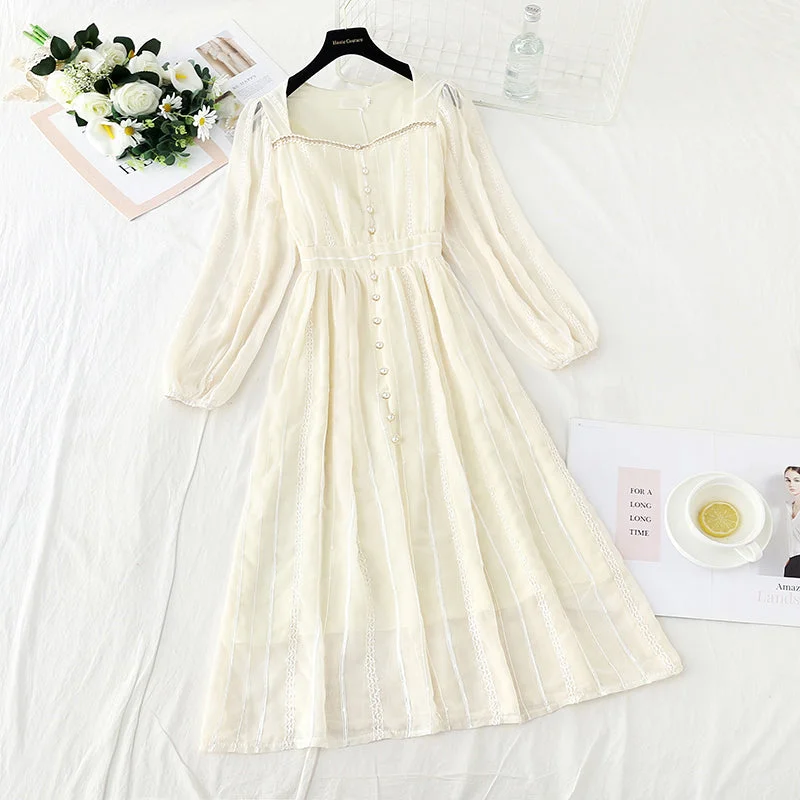 French retro V-neck waist closed thin long sleeve Knee Skirt super sweet  4759 elastic waist skirt
