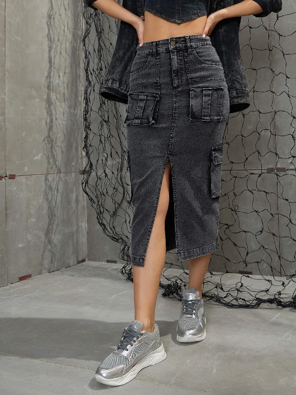 Women Grey Washed Denim Box Pocket Midi Skirt lace skirt romantic