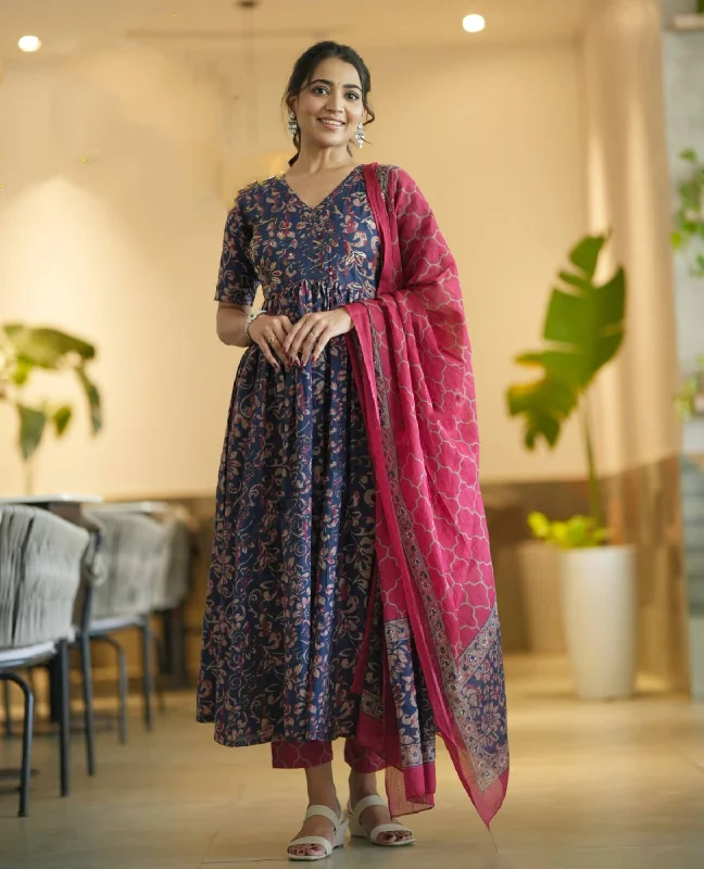 women's Viscose Blue Anarkali Kurta And Pant Set With Dupatta - Alvami Stylish Elastic Waist Pants