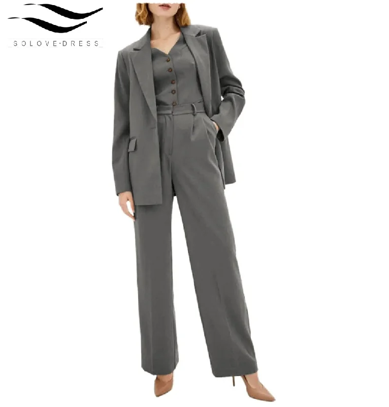 3 Pieces Single Buttons Peak Lapel Women Suit（Blazer+Vest+Pants） Comfortable Wide-Leg Pants