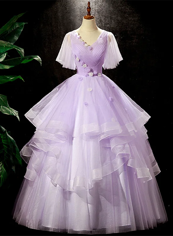Light Purple Tulle with Flowers Cute Long Party Dress, Purple Sweet 16 Dress Tunics Silk luxurious