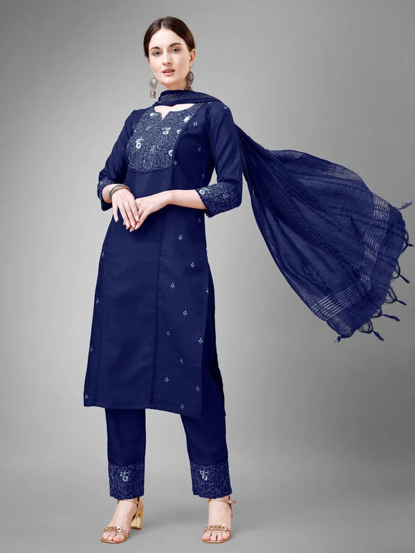 Women's Embroidered Cotton Blend Kurta Pant Dupatta Set - Malishka Export Elegant Wool Trousers
