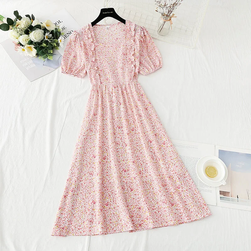 French first love sweet square neck bubble sleeve tea break skirt  4890 asymmetrical skirt cut