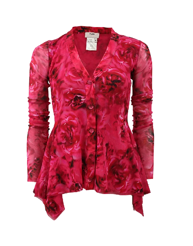 Peplum Rose Print Cardigan Iron Safe Non-Iron Wrinkle Free