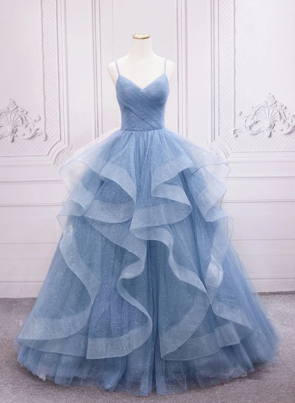 Blue Chic Tulle A-line Long Prom Dress, Blue Straps Formal Dress Party Dress Bodycon Fitted Nightout