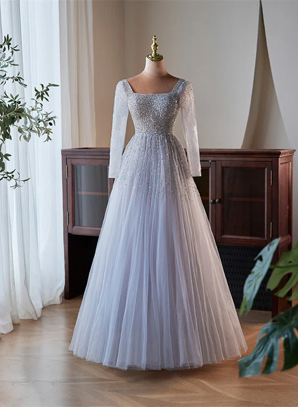 A-line Tulle Sequins Long Sleeves Party Dress, Sliver-Grey Shiny Prom Dress Tunics Stylish elegant
