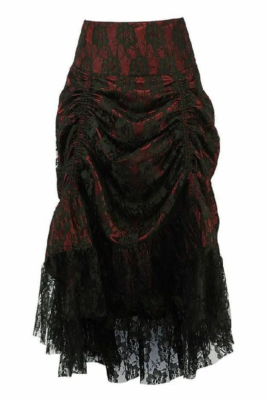 Red w/Black Lace Overlay Ruched Bustle Skirt denim skirt fashionable