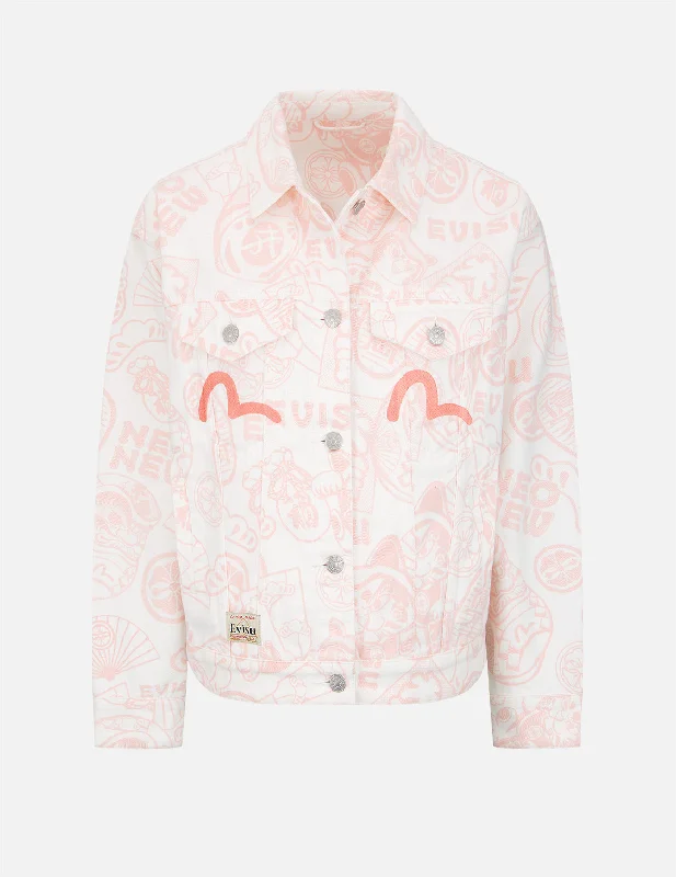 Allover EVISU Squad Discharge-Print Denim Jacket Embroidered Jacket Appliqued Jacket Beaded Jacket