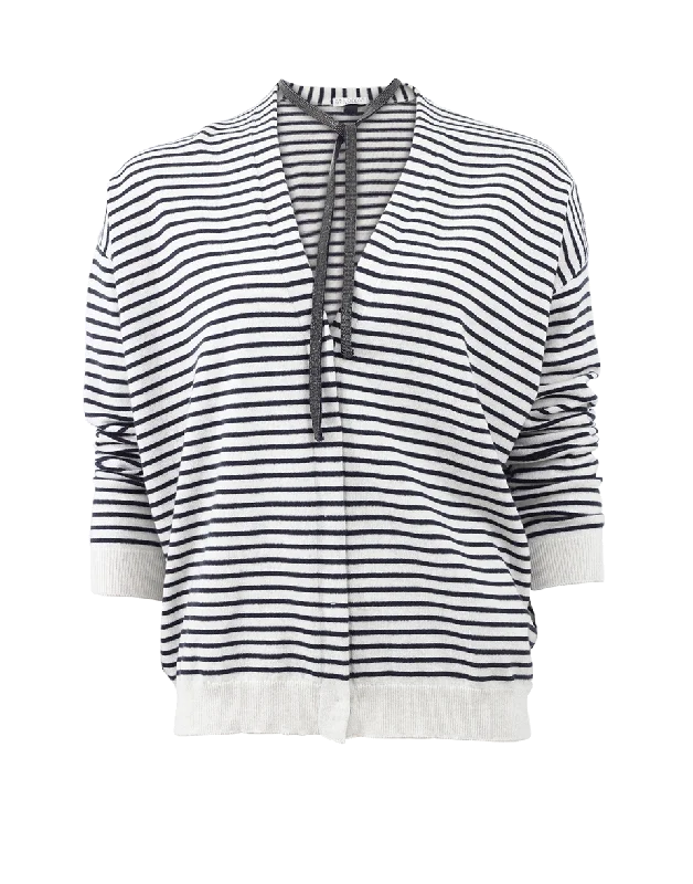 Striped Cardigan With Monili Neck Tie Front Pockets Side Pockets Patch Pockets