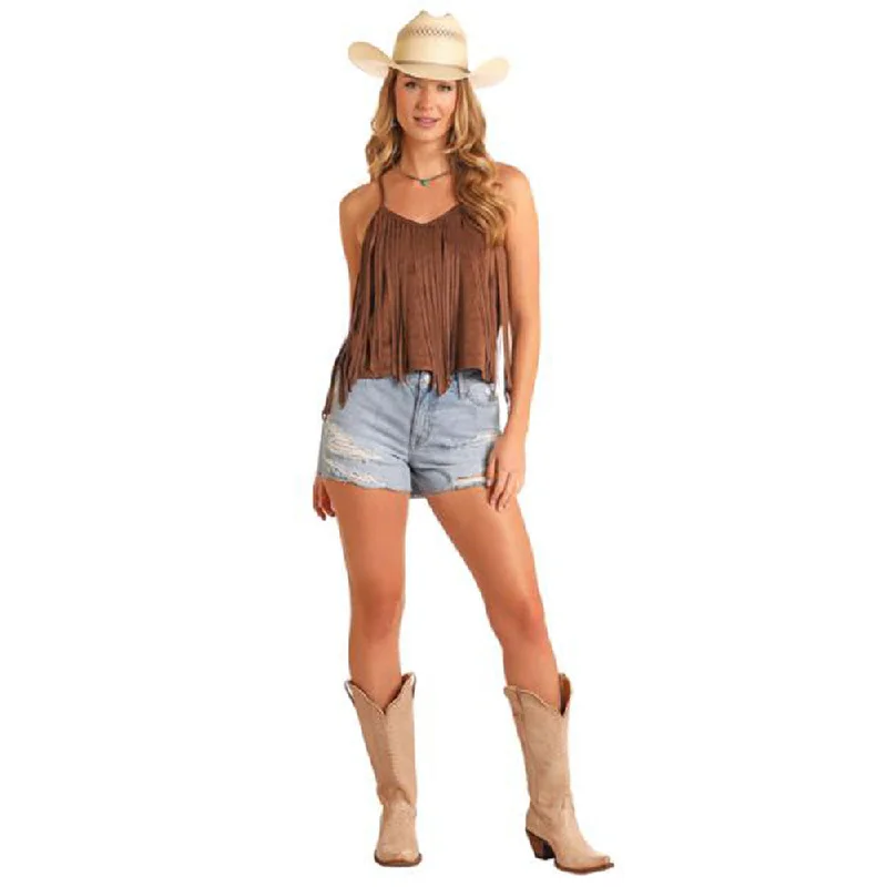BW20T06236 Rock & Roll Women's Microsuede Tank with Fringe - Brown slim fit tank