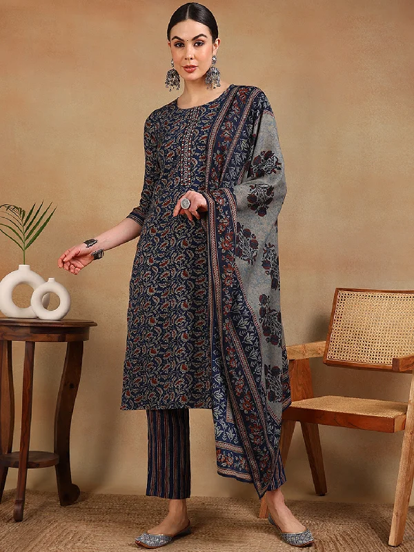 Women's Blue Viscose Rayon Embroidered Straight Kurta Pant Set With Dupatta - Ahika Classic Bootcut Trousers