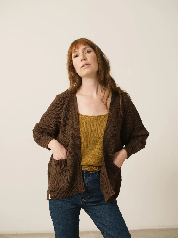 Giola Long Cardigan In Dark Brown Terry Terry Cloth Terry Knit