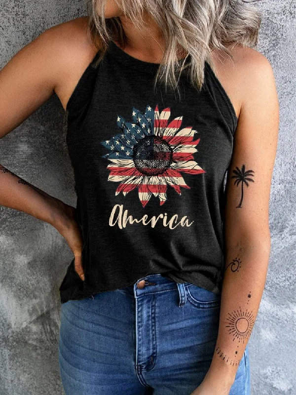 Sunflower Graphic Black Tank Top with American Flag Design ribbed tank top