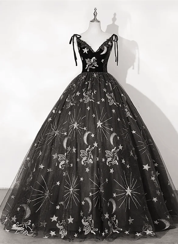 Black Sweetheart Tulle Floral Straps Ball Gown Dress, Black Long Prom Dress Party Dress Tunics Sale discount