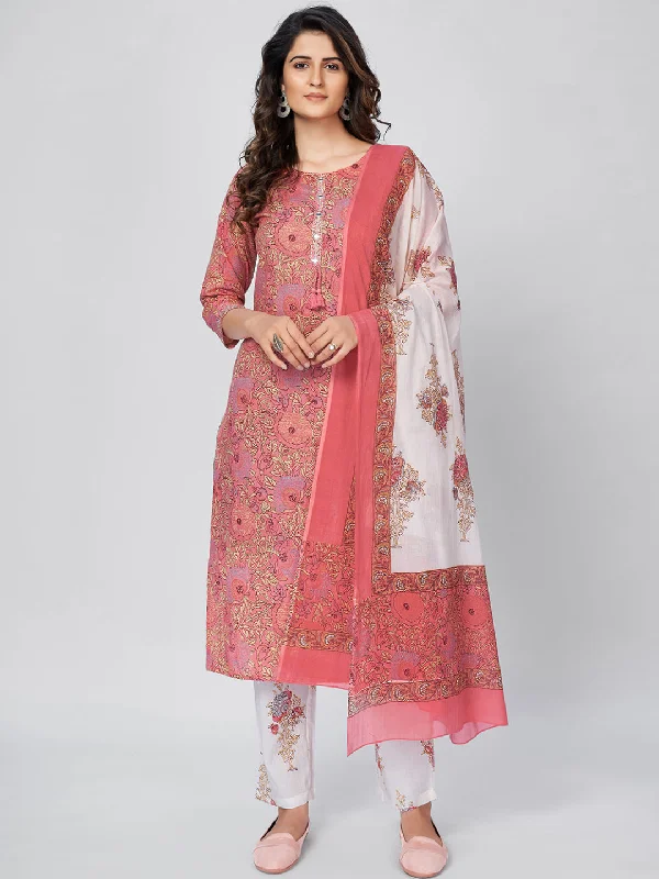 Women's Pink Cotton Kurta & Pant With Dupatta By Vbuyz- (3Pcs Set) Classic Straight Pants