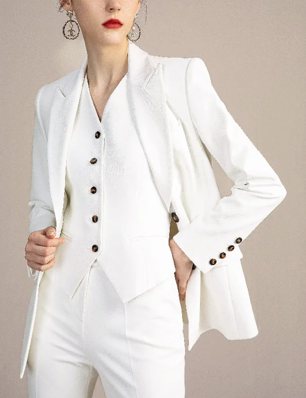 White 3 Pieces Slim Fit Peak Lapel Women Suit (Blazer+Vest+Pants) Slim Fit Casual Pants