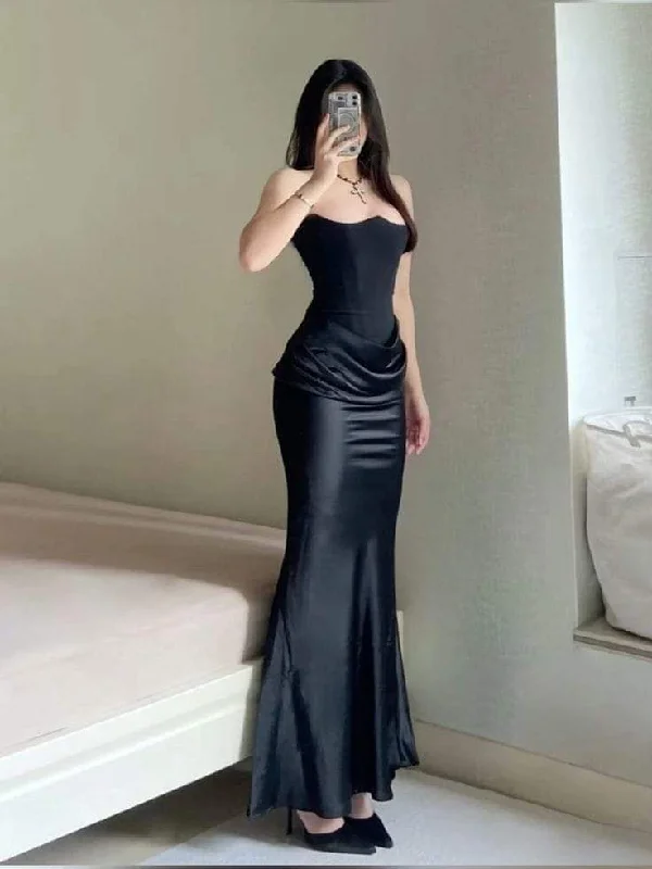 Sexy Black Strapless Satin Mermaid Long Evening Party Dress, DP3723 Tunics stripes playful