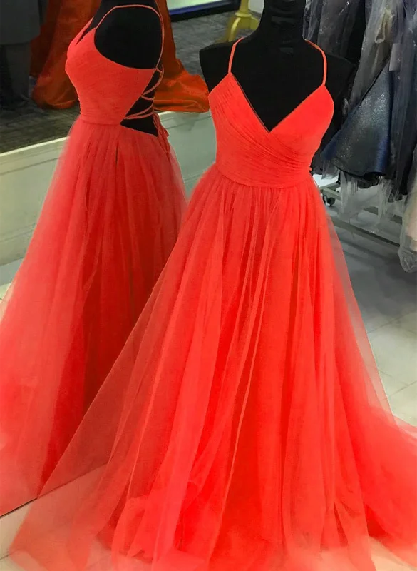 A-line Tulle V-neckline Sweetheart Cross Back Long Party Dress, Tulle Evening Dress Prom Dress Tunics Evening elegant