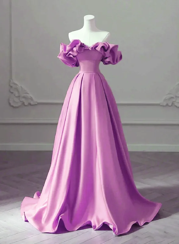 Purple Satin Off Shoulder Long Evening Dress, Purple Wedding Party Dress Tunics Luxurious high-end
