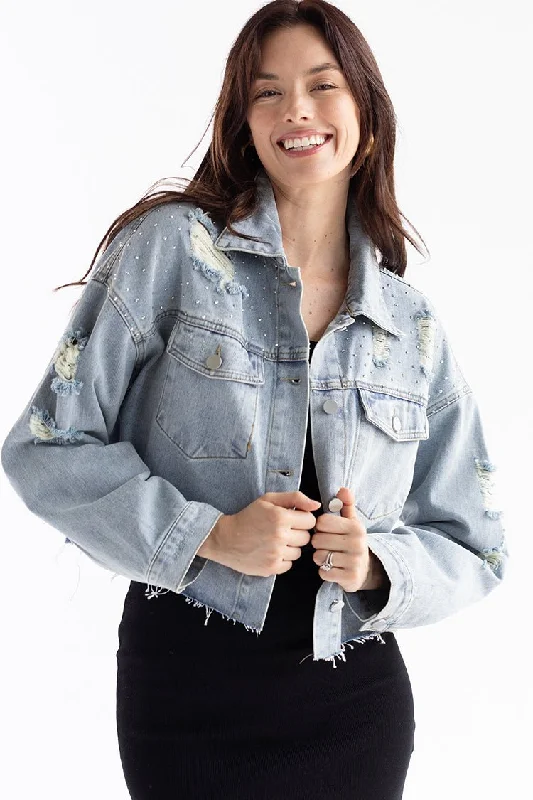 Distressed Studded Denim Jacket Fitted Jacket Loose Jacket Oversized Jacket