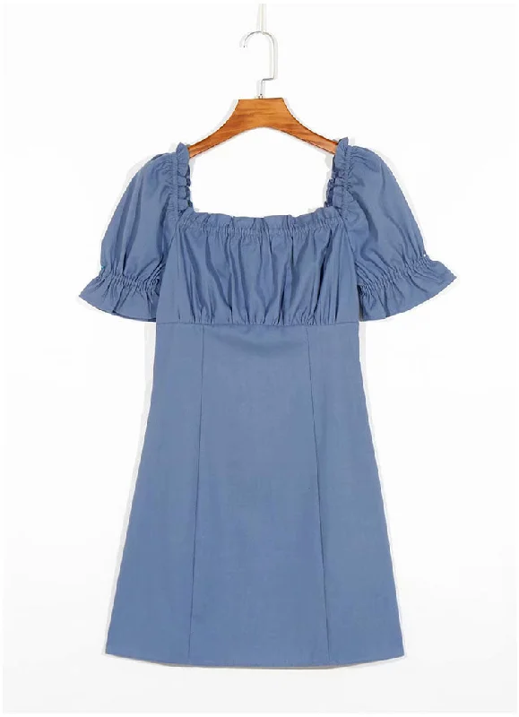 New style square neck waist fold Hepburn style bubble sleeve skirt  7075 velvet skirt rich