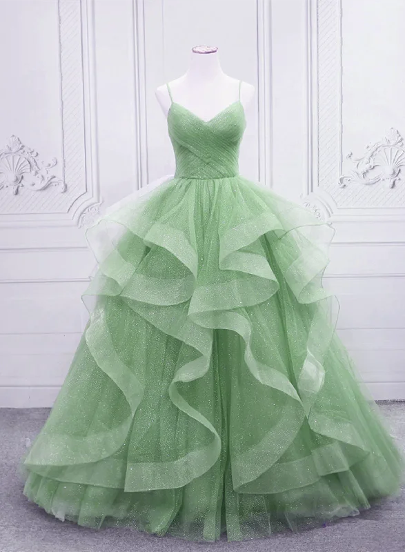 Light Green Tulle Layers Long Formal Dress, Green Tulle with Straps Party Dress Tunics Top rated