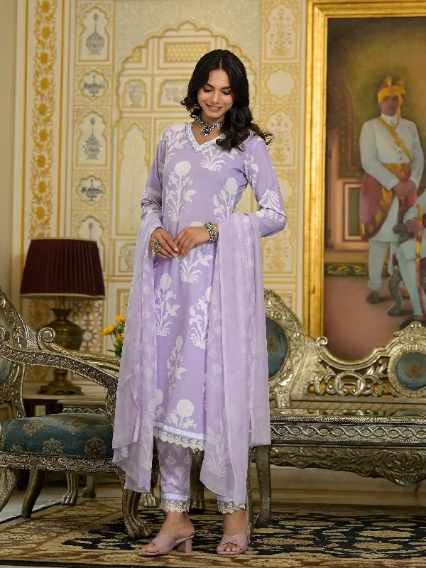 Women's Lavendar Flower Printed Kurta With Pant And Duppata Set - Dwija Fashion Comfortable Denim Leggings