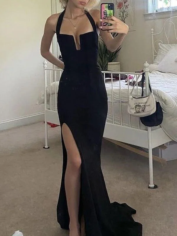 Sexy Black Halter Mermaid Long Evening Party Dress with Split, DP3321 Tunics Versatile stylish