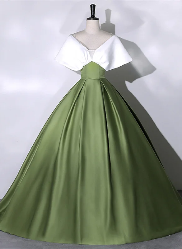 Green and White Satin Long Party Dress, Ball Gown Long Formal Dress Tunics stripes playful