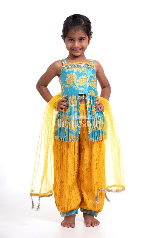 Festive Outfits for Girls - Chinon Silk Peplum & Haram Pant Set with Dupatta Fashionable Work Pants
