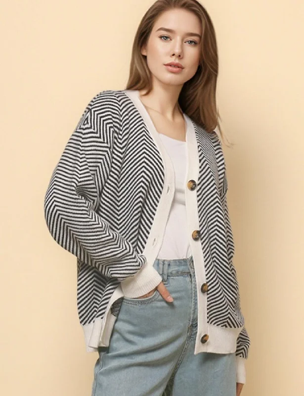 Ladies V-Neck Striped Cardigan Sweater Coat SKT4772 Polka Dot Checkered Tartan