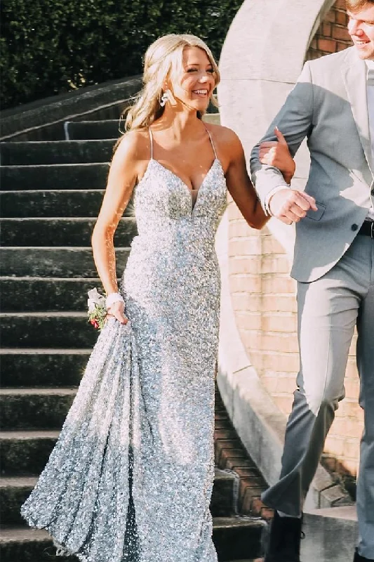 Sparkle Silver Straps Mermaid Long Prom Dress Evening Party Dress,DP1727 Tunics Yoga stretchy