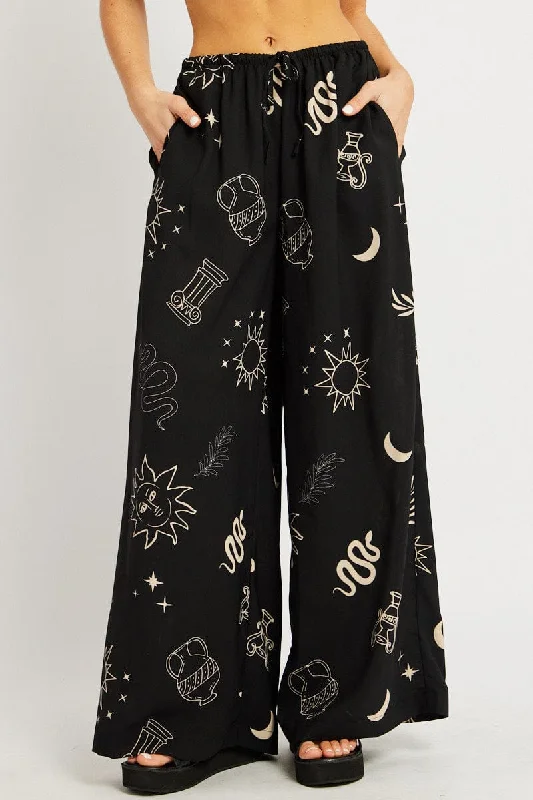 Black Abstract Wide Leg Pants High Rise Chic Capri Pants