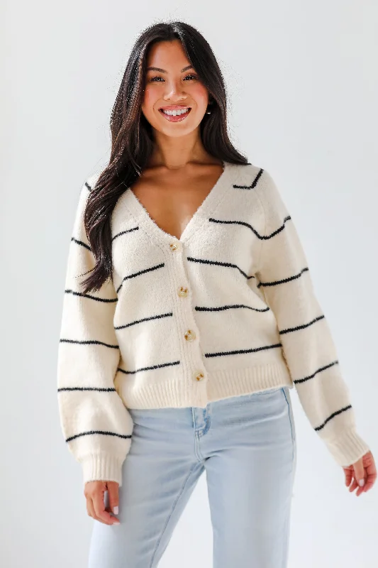 FINAL SALE - Effortlessly Lavish Cream Striped Sweater Cardigan Notch Collar Peter Pan Collar Cowl Neck