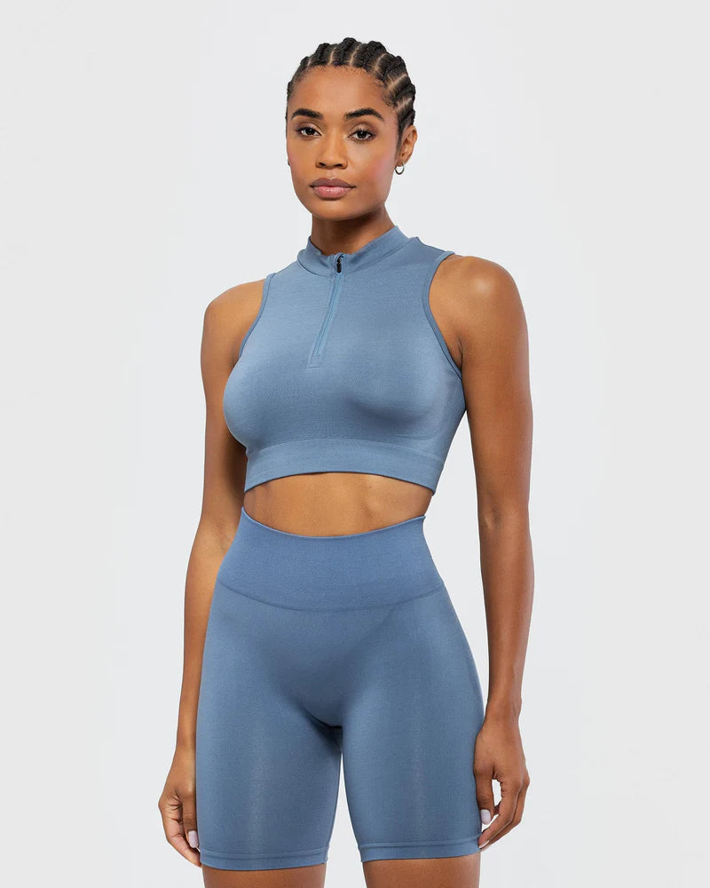DEFINE SEAMLESS HALF ZIP CROP TANK | SMOKE BLUE gold tank top