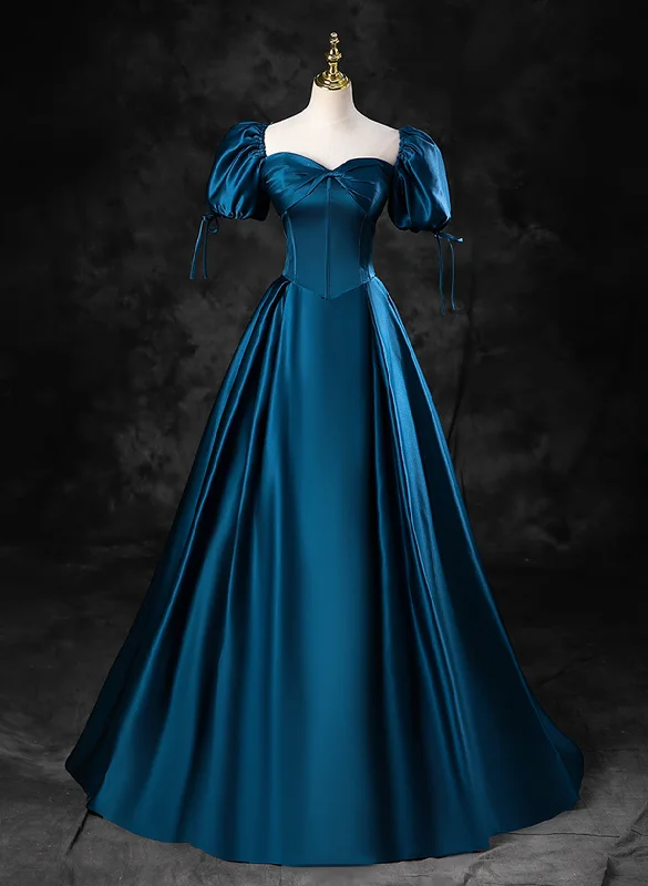 Blue Satin Short Sleeves Sweetheart Long Party Dress, Blue A-line Prom Dress Evening Dress Tunics Sophisticated sleek
