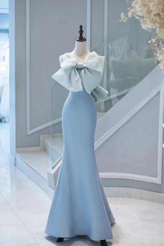 Elegant Light Blue Straps Mermaid Bowknot Long Formal Party Dress, DP3503 Tunics Winter warm