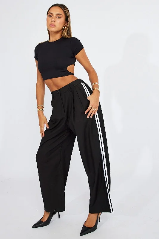 Black Wide Leg Pants Side Stripe Elegant Dress Pants