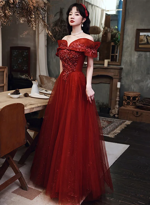 Wine Red Off Shoulder Tulle with Lace Long Party Dress, Wine Red Prom Dress Turtleneck Neckline Stylish